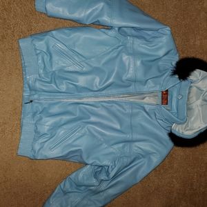 Sky-blue leather jacket